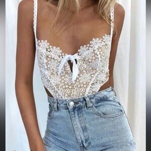 White Floral Bodysuit with Cut Out and Tie Front